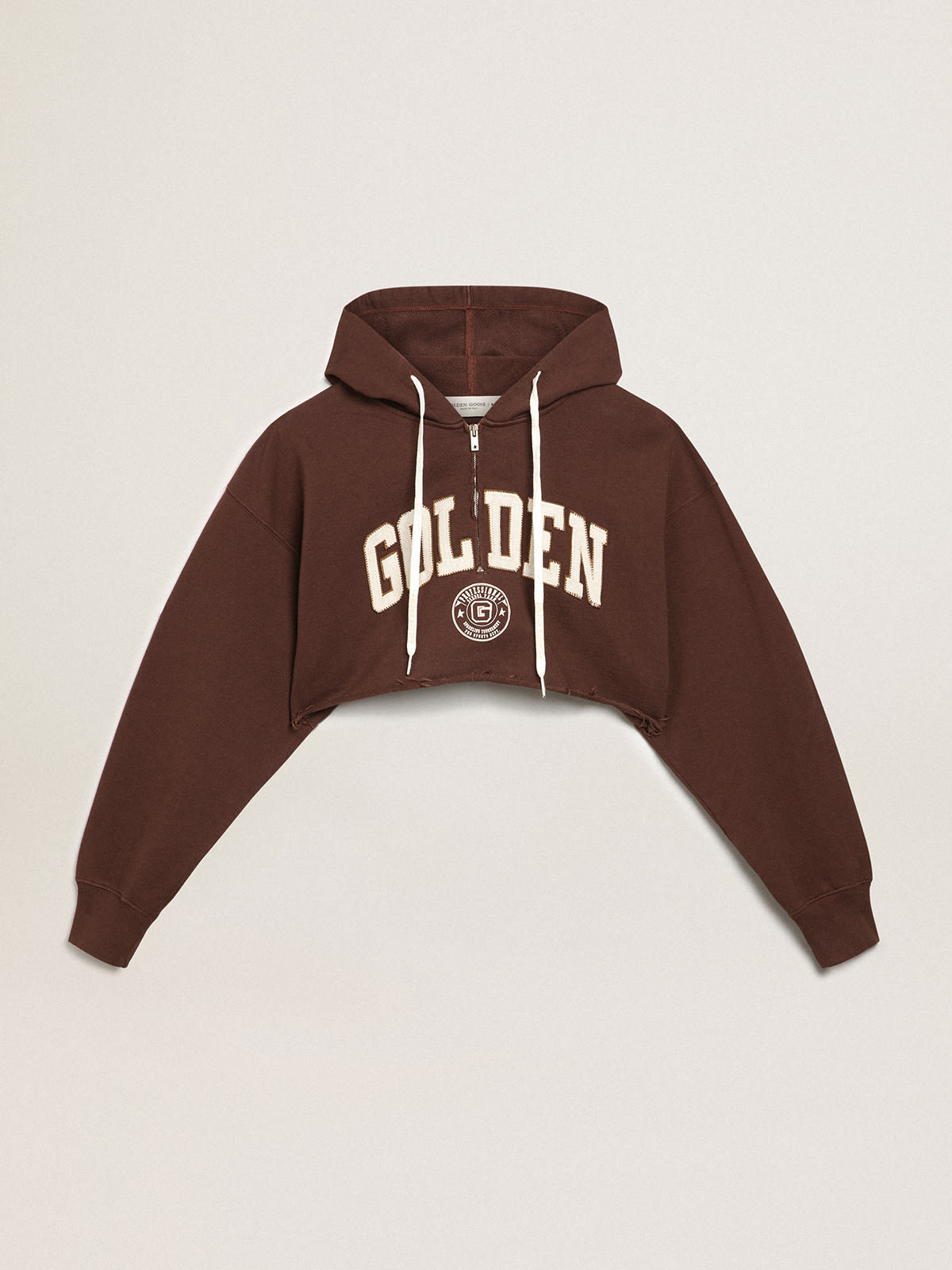 Golden Goose - Walnut-brown Journey Collection hooded cropped sweatshirt with contrasting white Golden lettering in 