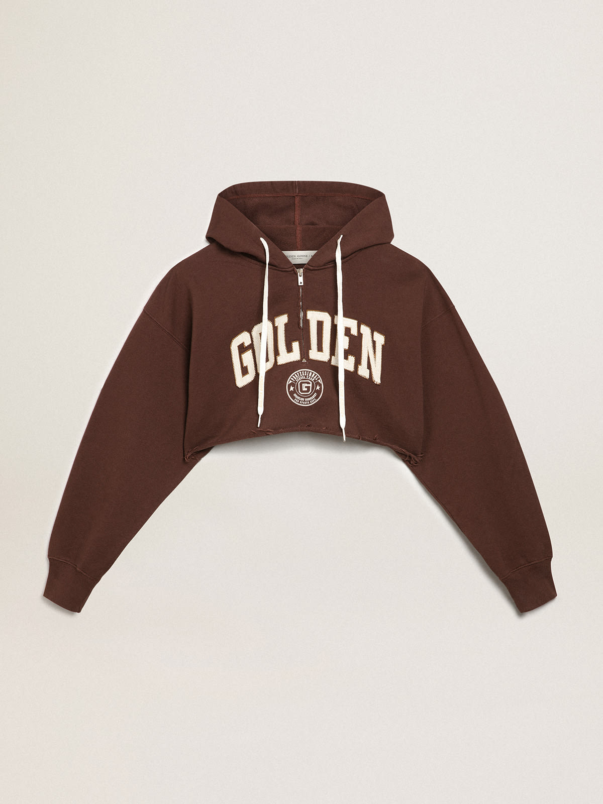 Walnut-brown Journey Collection hooded cropped sweatshirt with contrasting  white Golden lettering