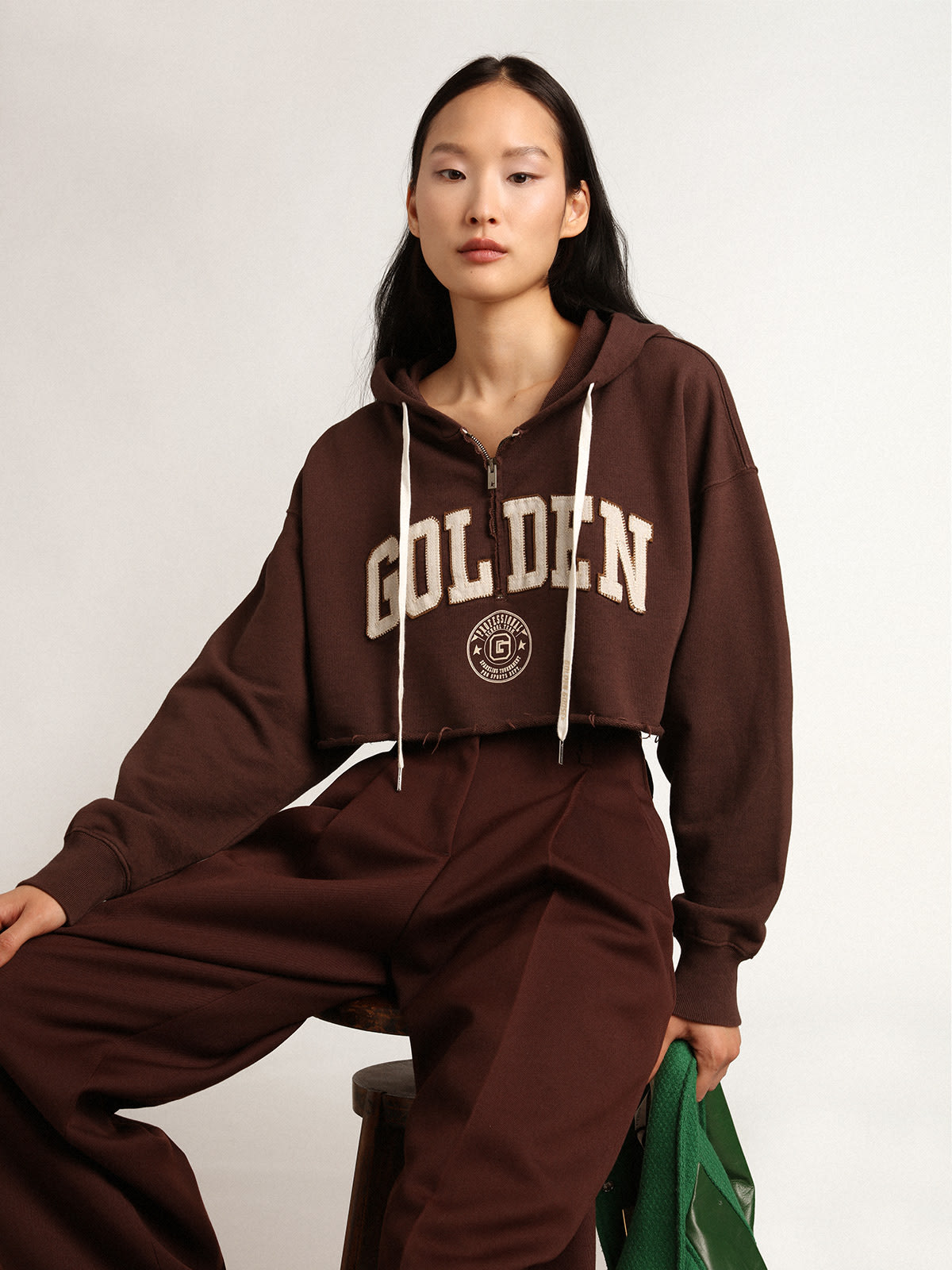 Golden Goose - Walnut-brown Journey Collection hooded cropped sweatshirt with contrasting white Golden lettering in 