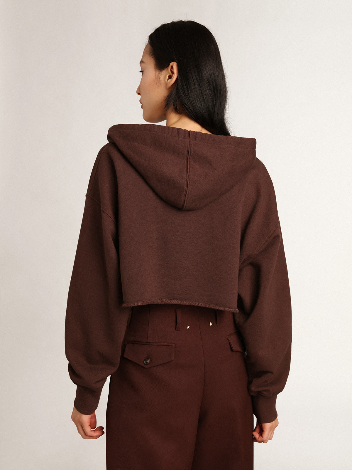 Golden Goose - Walnut-brown Journey Collection hooded cropped sweatshirt with contrasting white Golden lettering in 