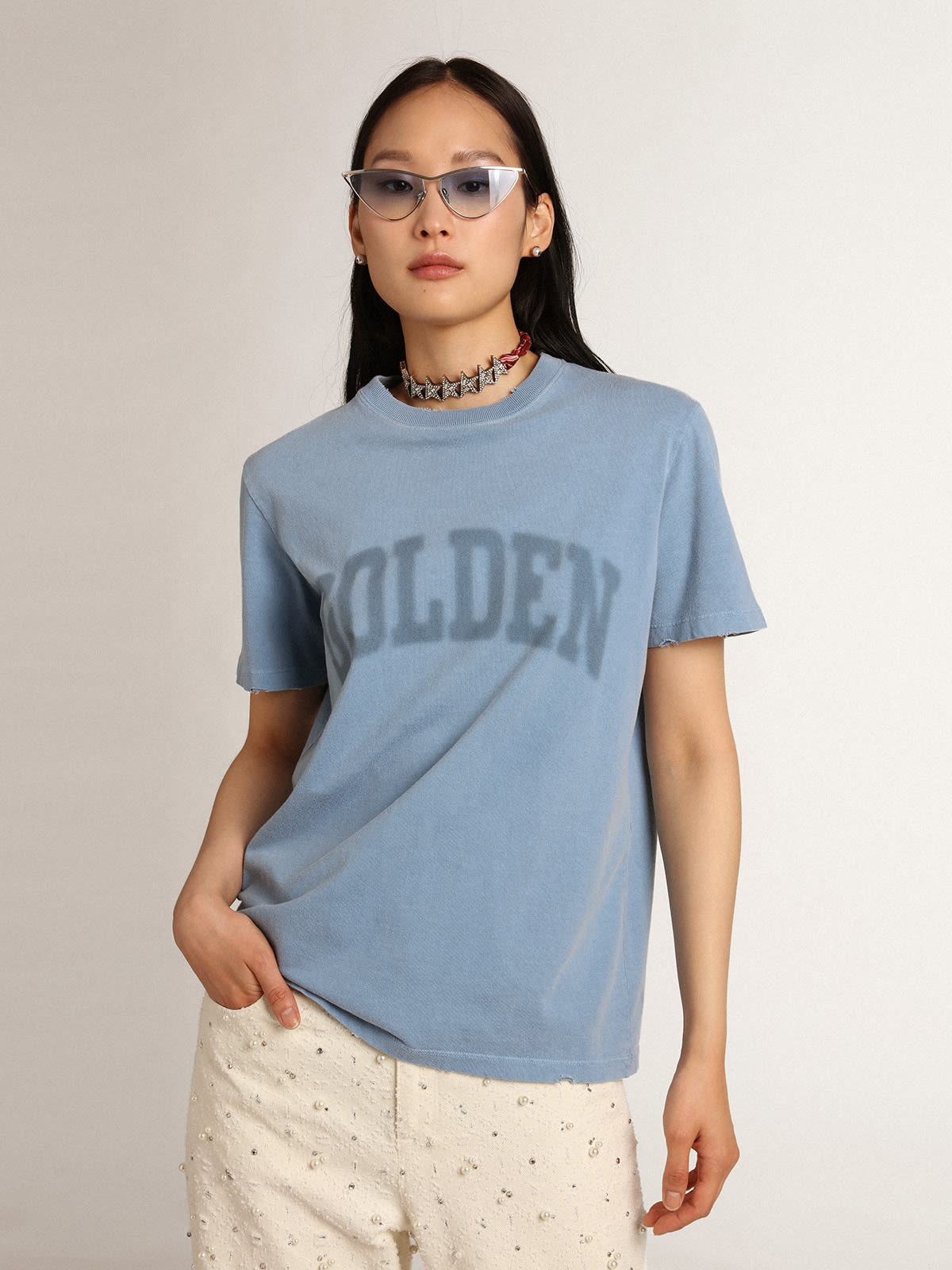 Golden Goose - Harbor-blue Journey Collection distressed-effect T-shirt with tone-on-tone Golden lettering in 