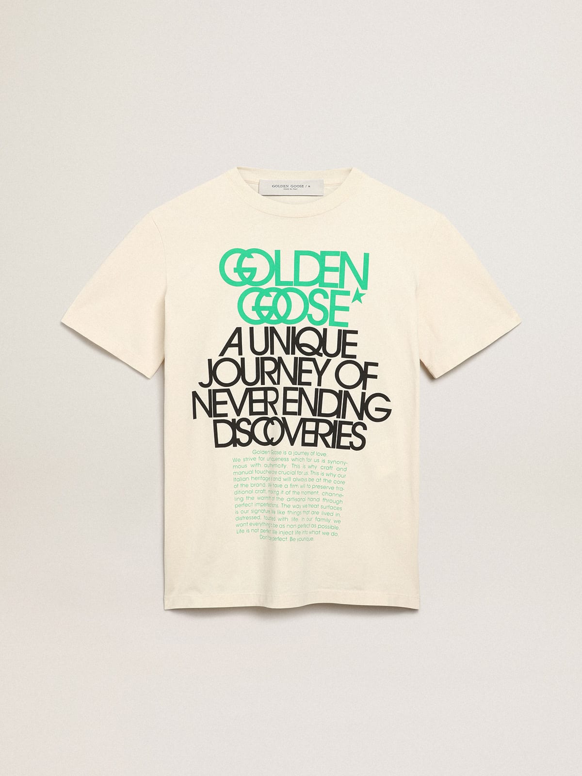 Golden Goose - Bone-white Journey Collection T-shirt with black and bright-green lettering on the front in 