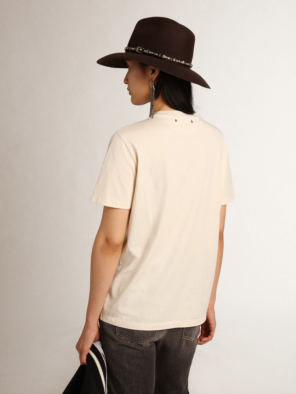 Golden Goose - Bone-white Journey Collection T-shirt with black and bright-green lettering on the front in 