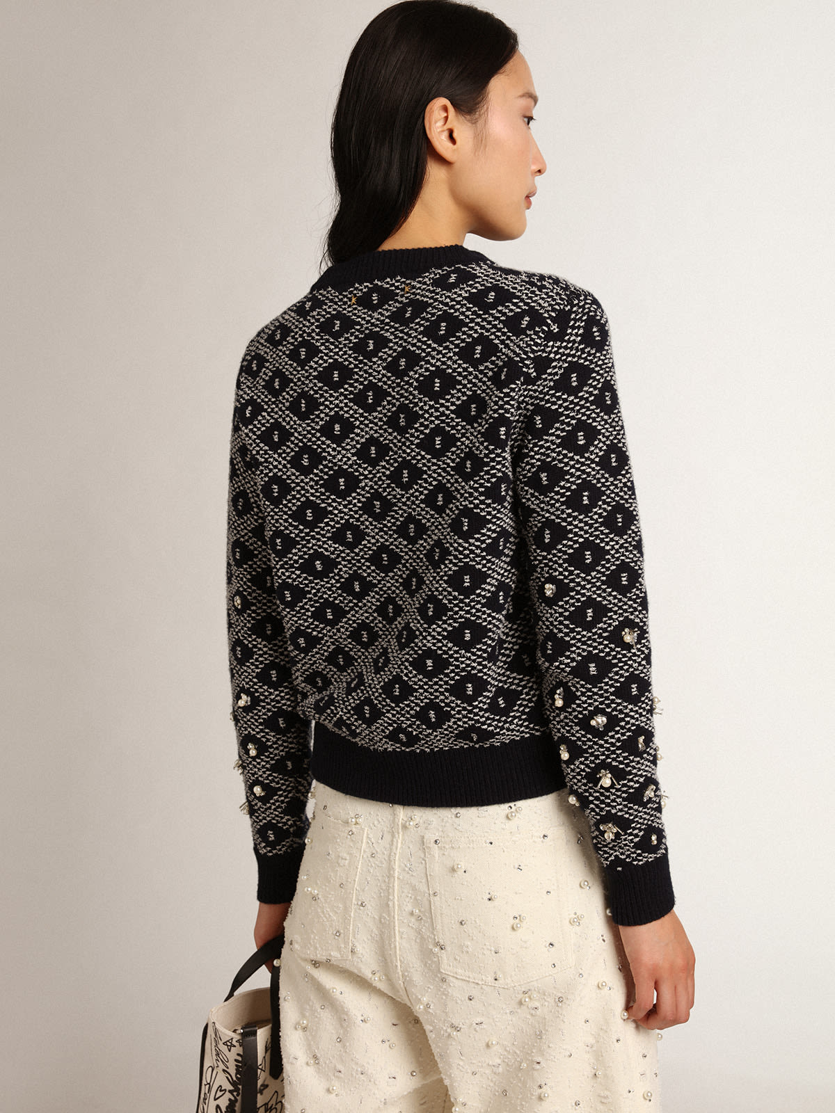 Golden Goose - Women's round-neck sweater with white and blue geometric motifs in 