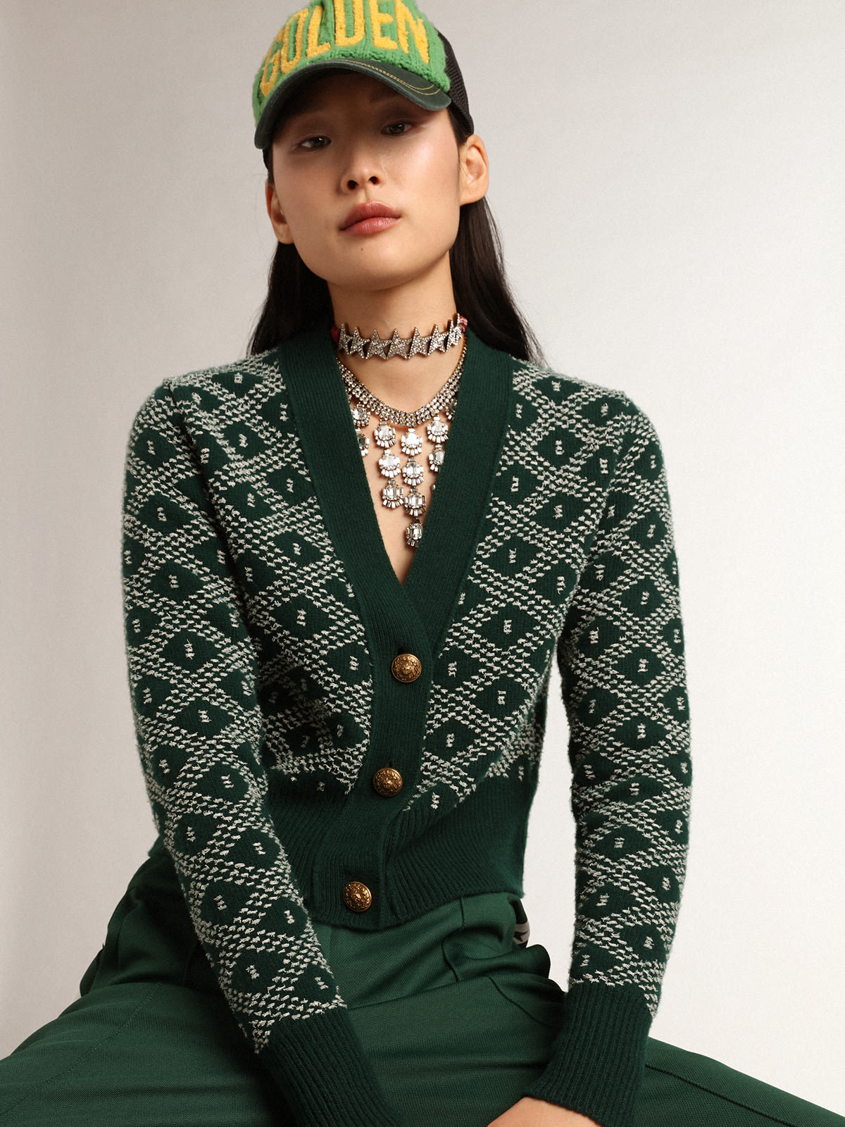 Golden Goose - Journey Collection cropped cardigan with green and white jacquard diamond pattern in 