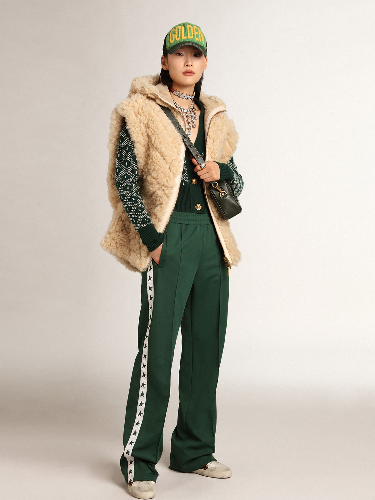 Golden Goose - Women's cropped cardigan with green and white jacquard diamond pattern in 