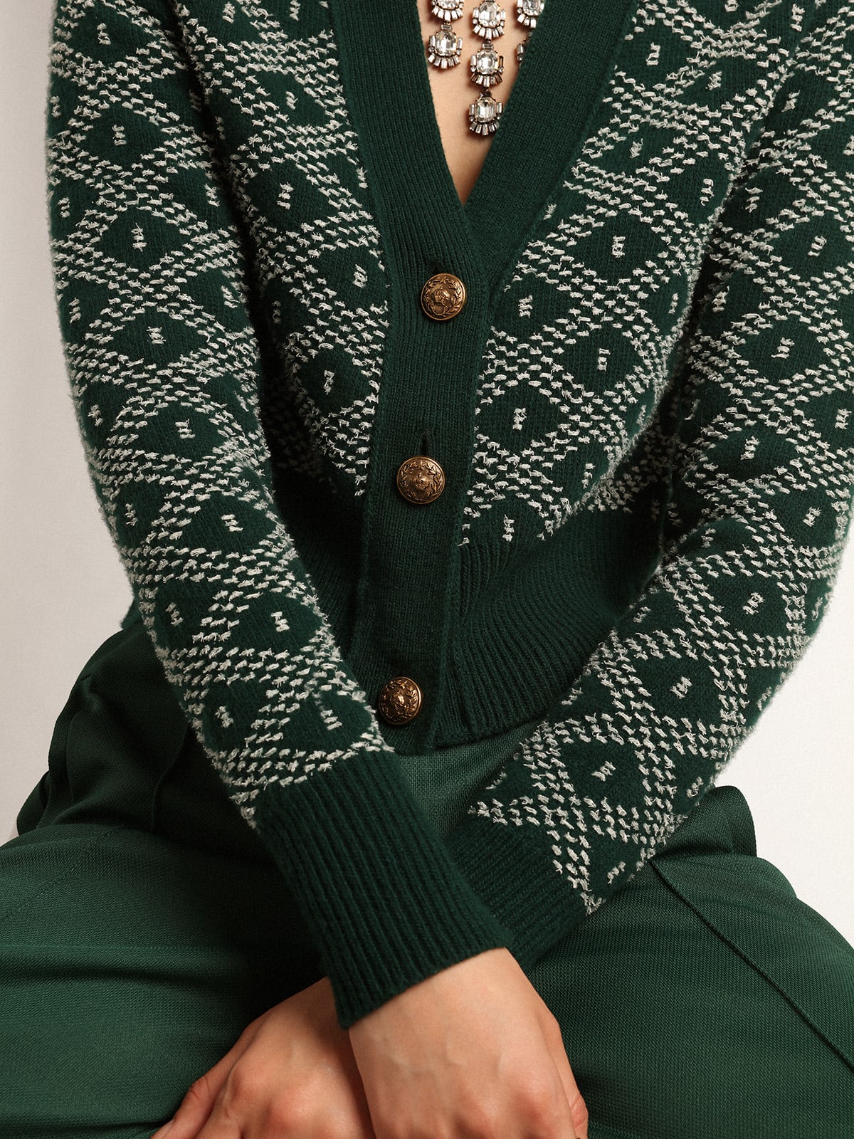 Golden Goose - Journey Collection cropped cardigan with green and white jacquard diamond pattern in 