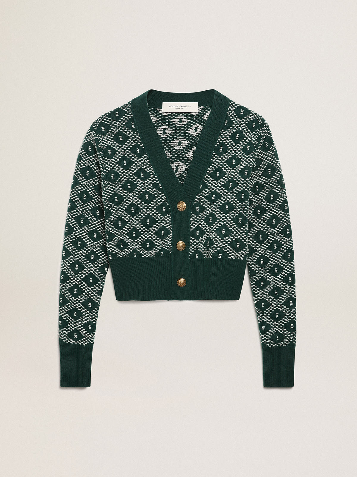 Women's cropped cardigan with green and white jacquard diamond pattern