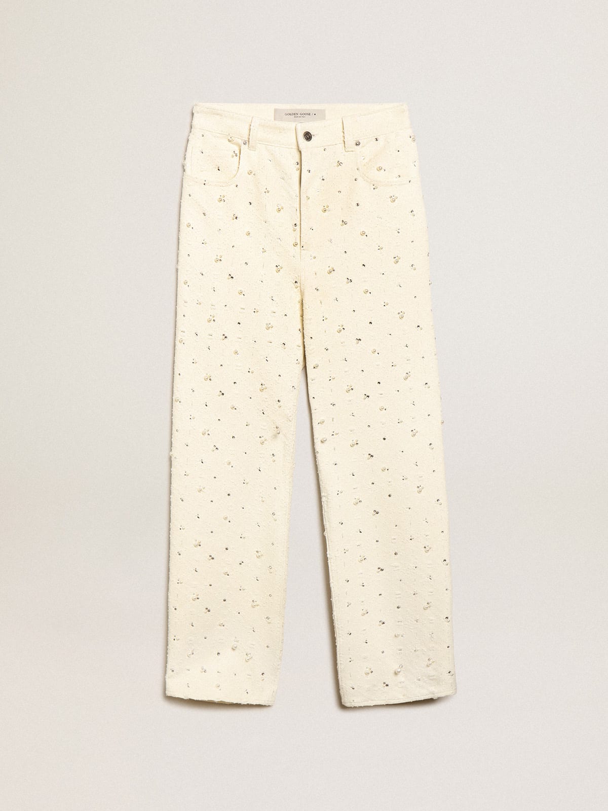 Golden Goose - Jeans Kim Collezione Journey in cotone color bianco sporco con motivi a rombi e applicazione di perle e cristalli in 