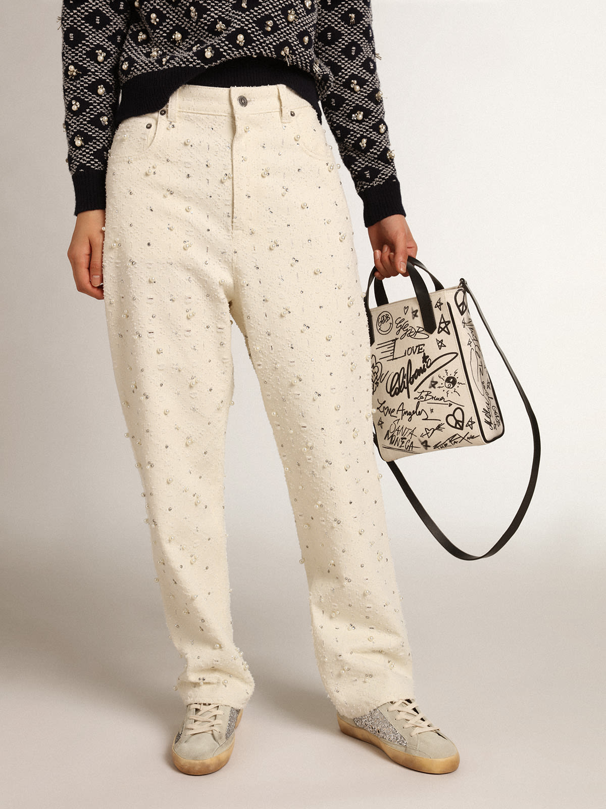 Golden Goose - Journey Collection Kim jeans in off-white cotton with diamond patterns and the addition of beads and crystals in 