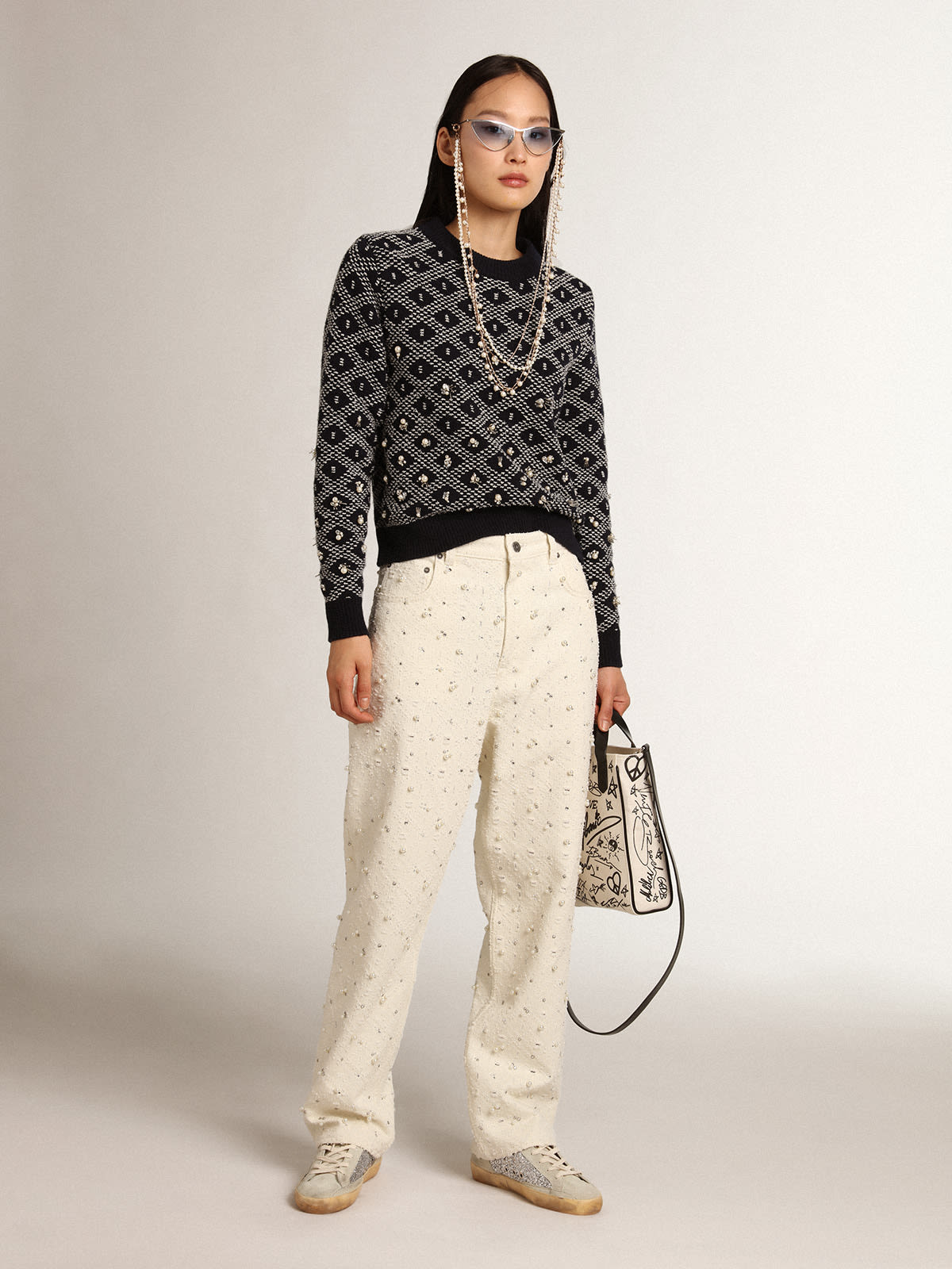 Golden Goose - Journey Collection Kim jeans in off-white cotton with diamond patterns and the addition of beads and crystals in 