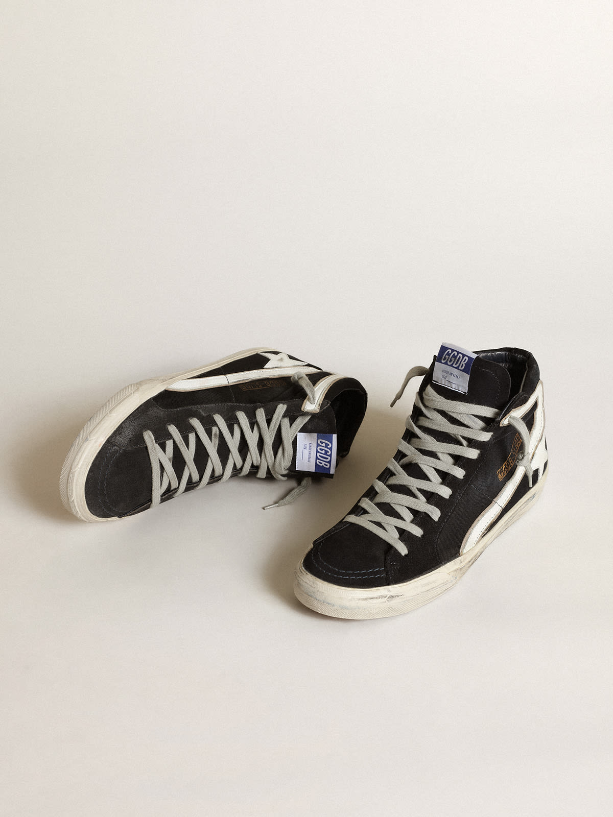 Golden Goose - Slide in navy-blue denim with white leather star and flash in 