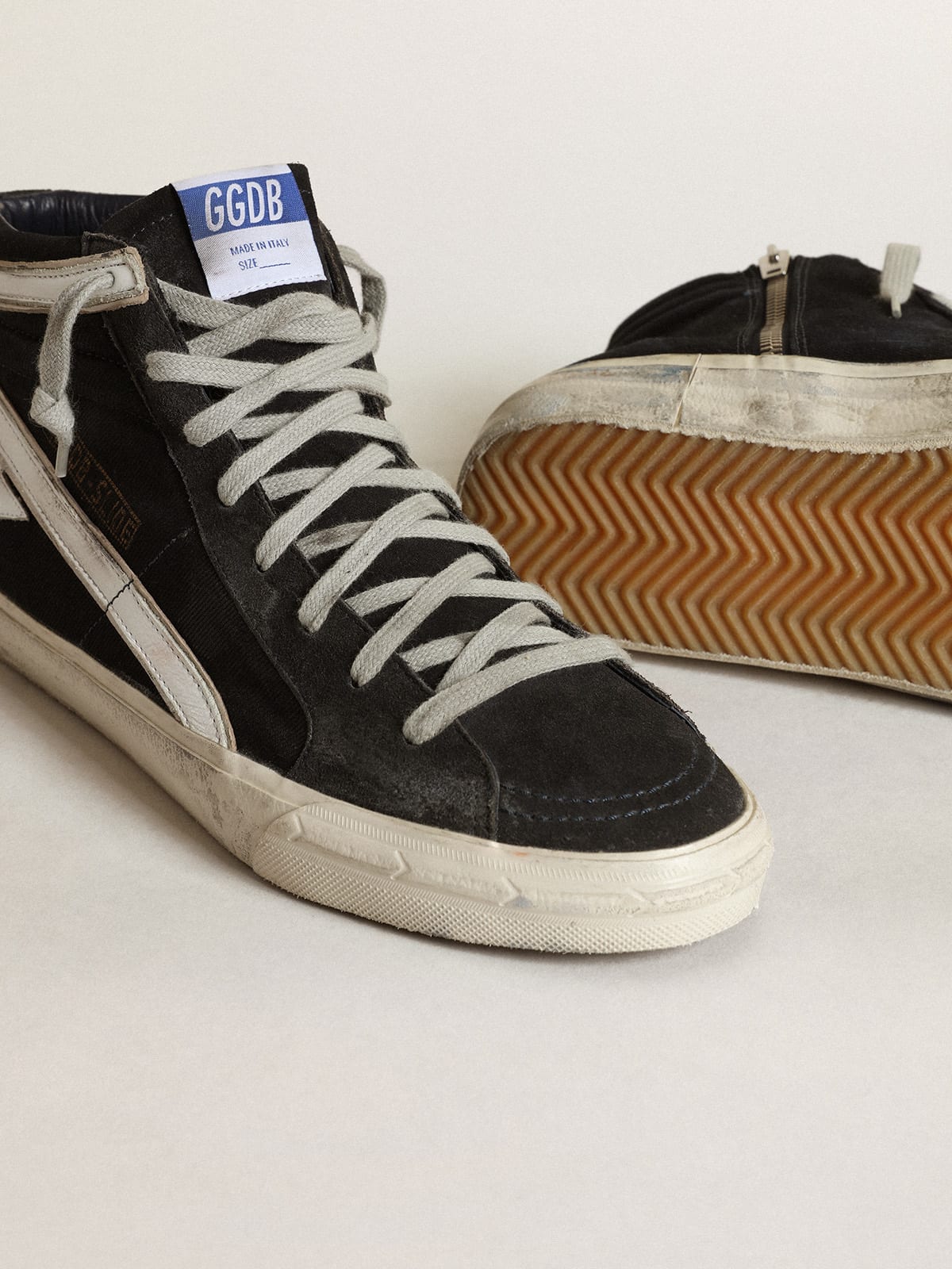 Golden Goose - Slide in navy-blue denim with white leather star and flash in 