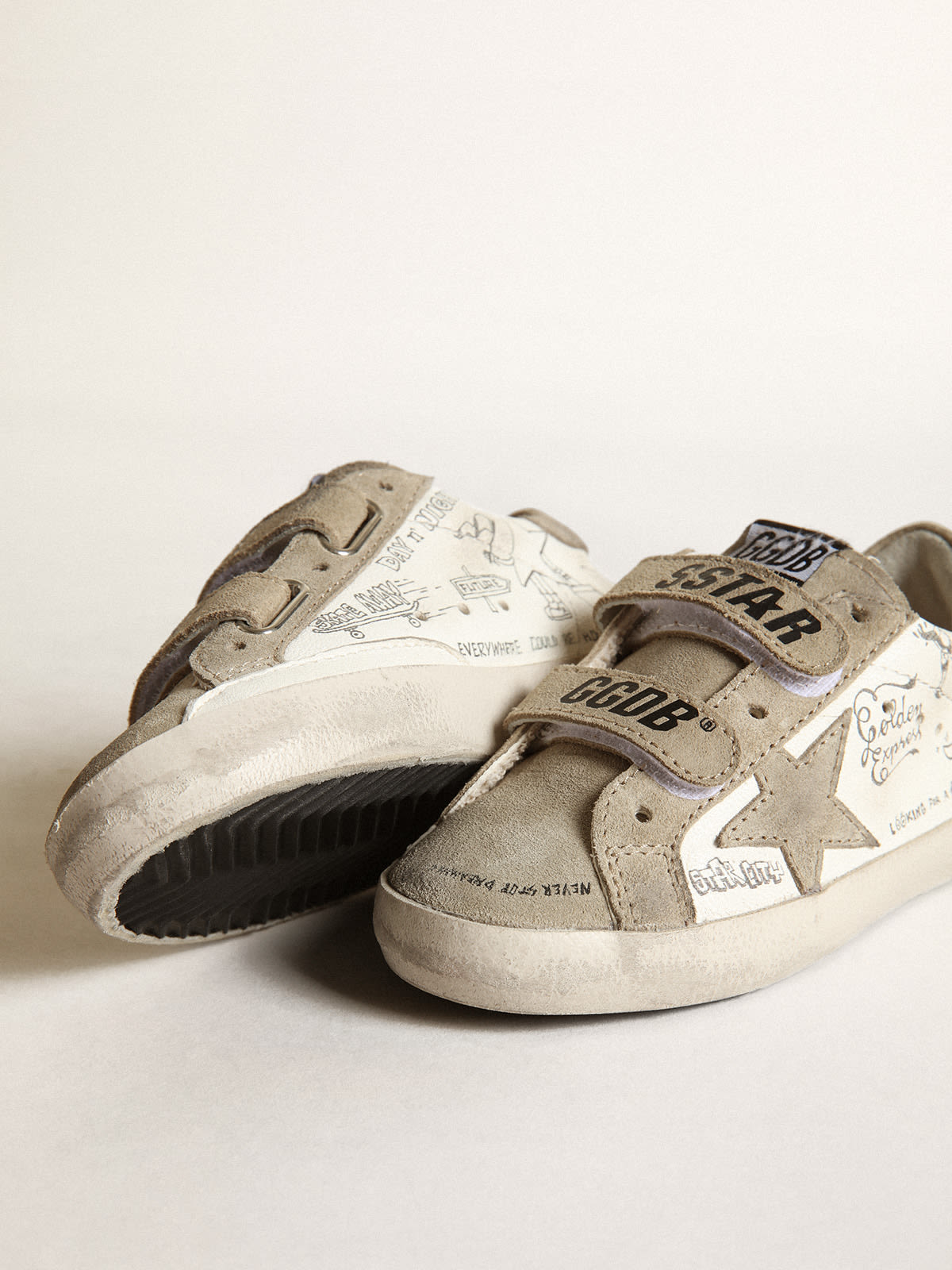 Golden Goose - Young Old School sneakers in white nappa leather with dove-gray suede inserts and mismatched star in 