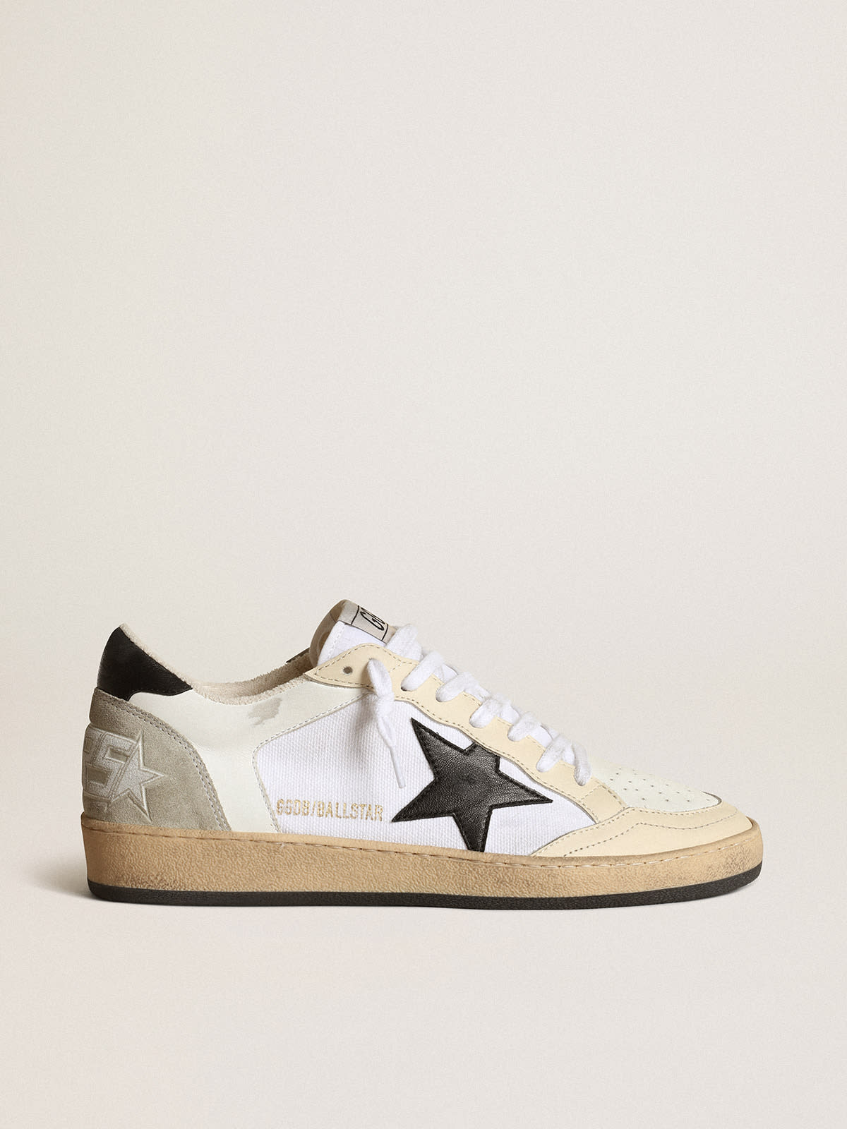 Golden Goose - Women’s Ball Star sneakers in white canvas and leather with ivory leather inserts and black nappa leather star in 