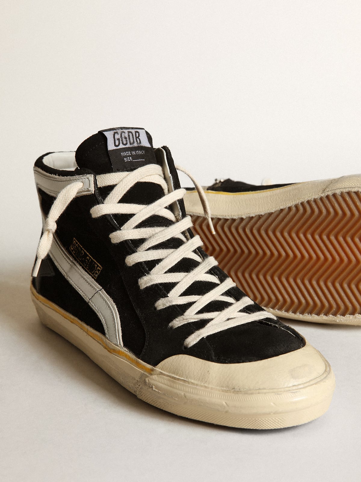Golden Goose - Slide Penstar sneakers in black suede with black leather star and white leather flash in 