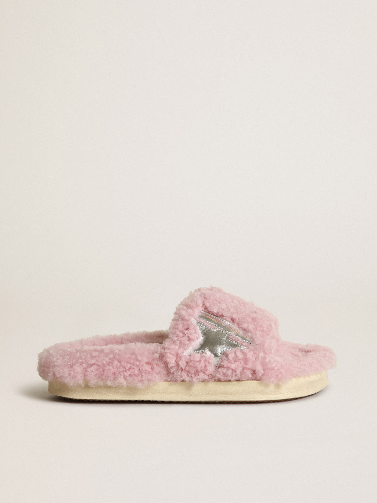 Golden Goose - Poolstar model in pink shearling with silver laminated leather star in 