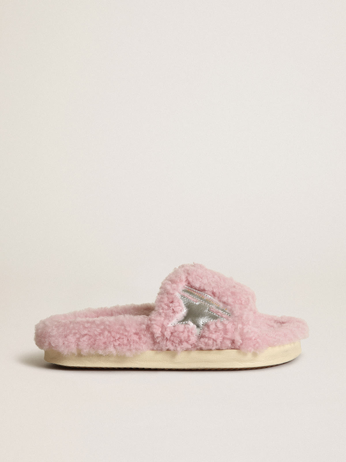 Women s Poolstar in pink shearling with silver laminated leather