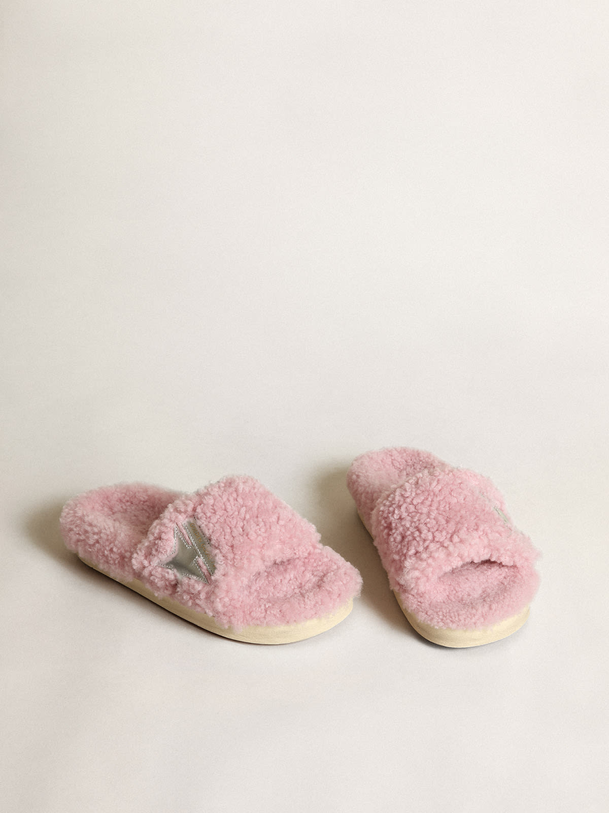 Golden Goose - Poolstar model in pink shearling with silver laminated leather star in 