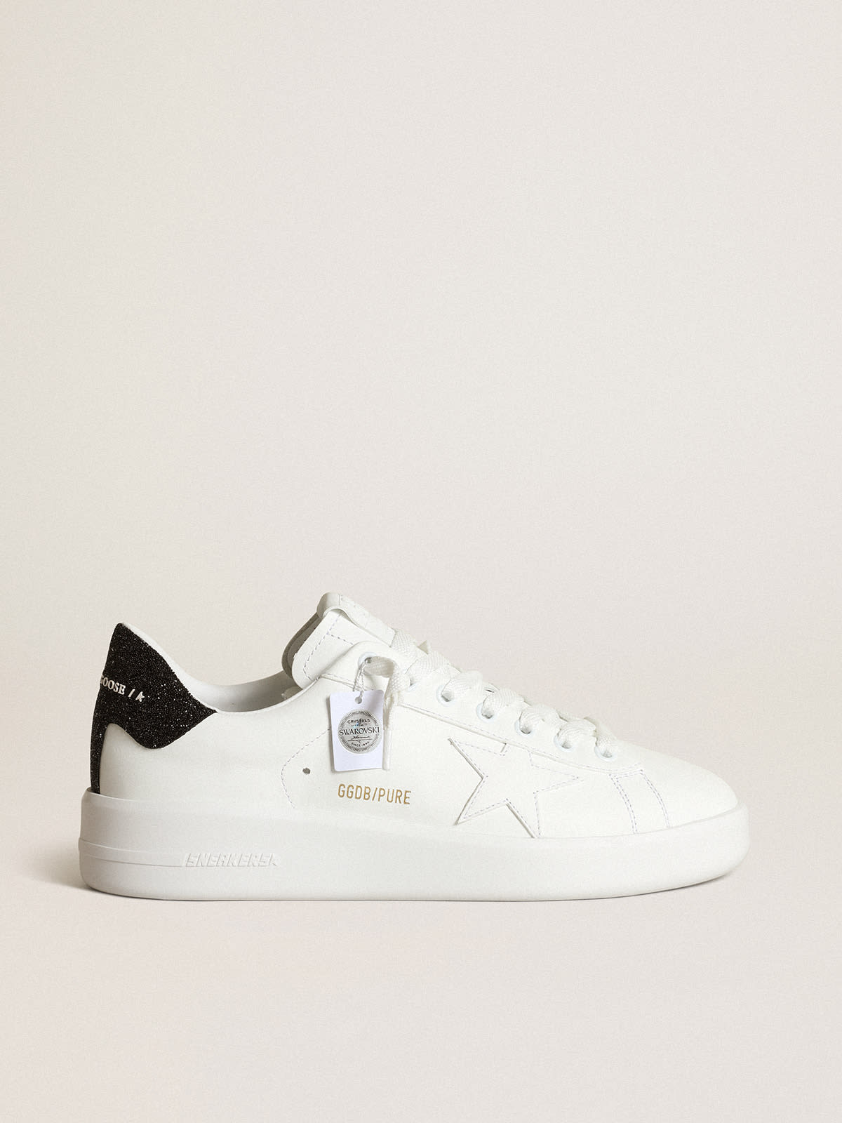 Purestar sneakers in white leather with tone-on-tone star and heel tab in  black Swarovski crystals