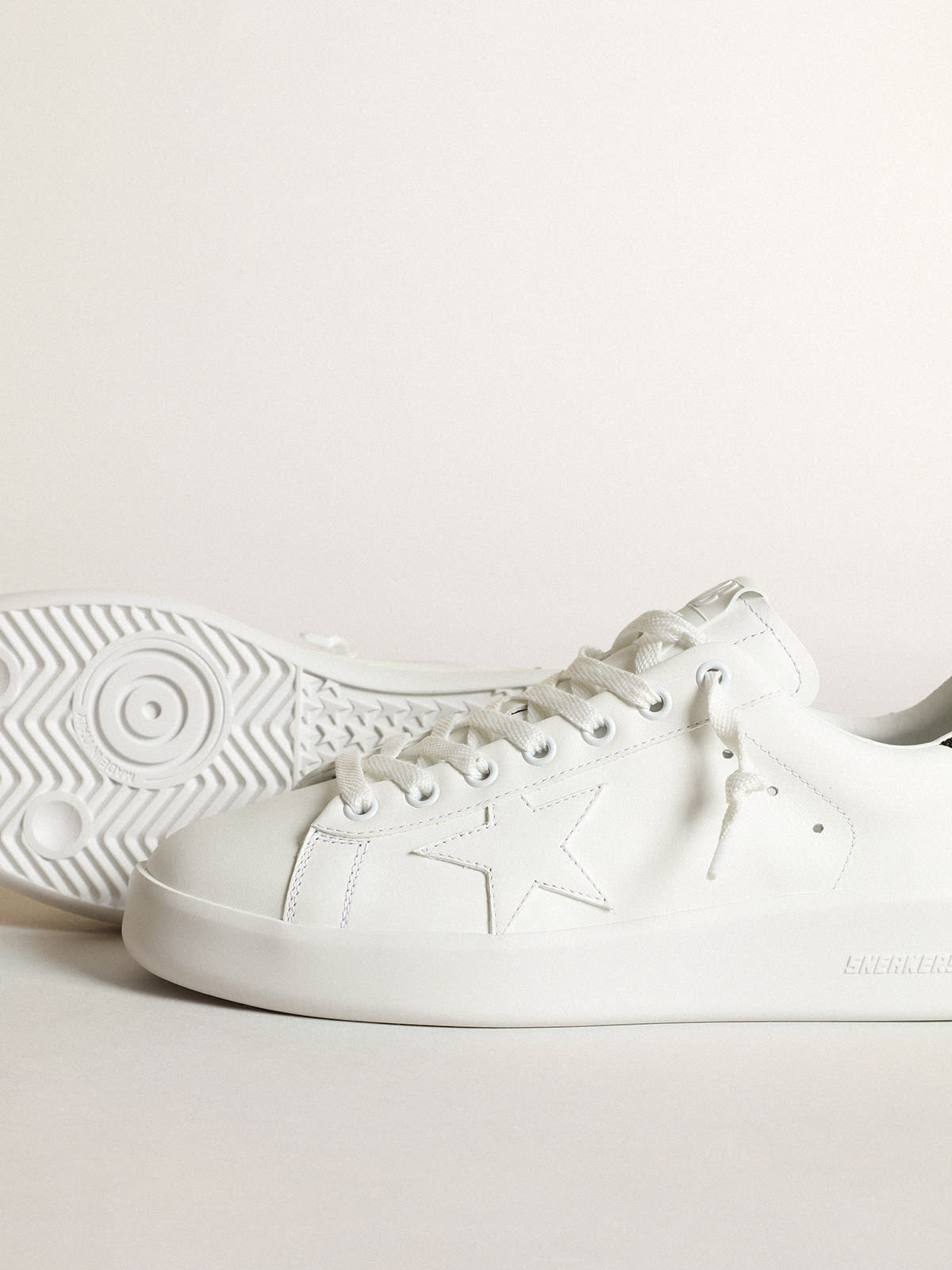 Purestar in white leather with tone-on-tone star and heel tab in black  Swarovski crystals | Golden Goose