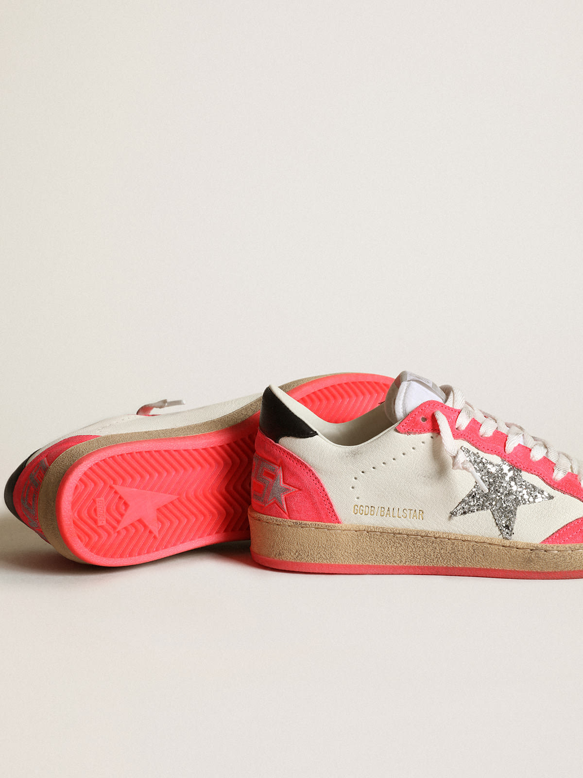Golden Goose - Ball Star sneakers in white nappa leather with silver glitter star and fluorescent lobster-colored suede inserts in 