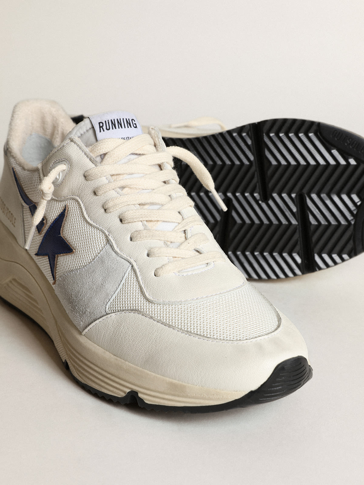 Golden Goose - Running Sole in white mesh and nappa leather with a blue star in 