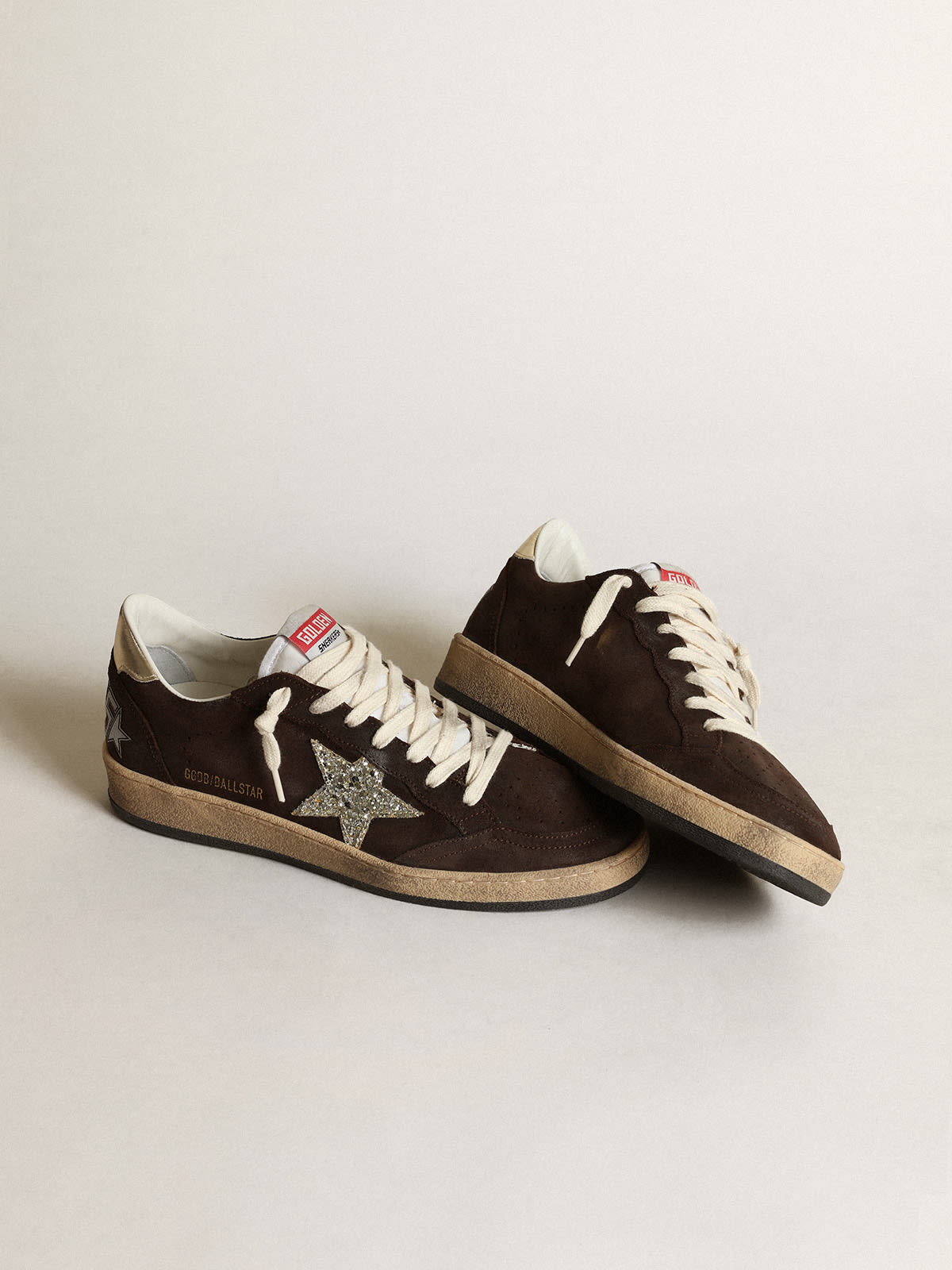 Golden Goose - Women's Ball Star in brown suede with platinum glitter star in 