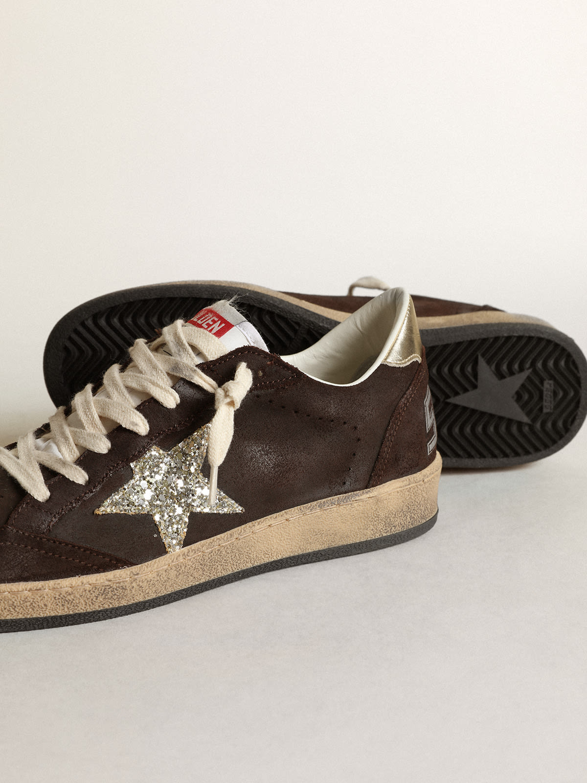 Golden Goose - Women's Ball Star in brown suede with platinum glitter star in 