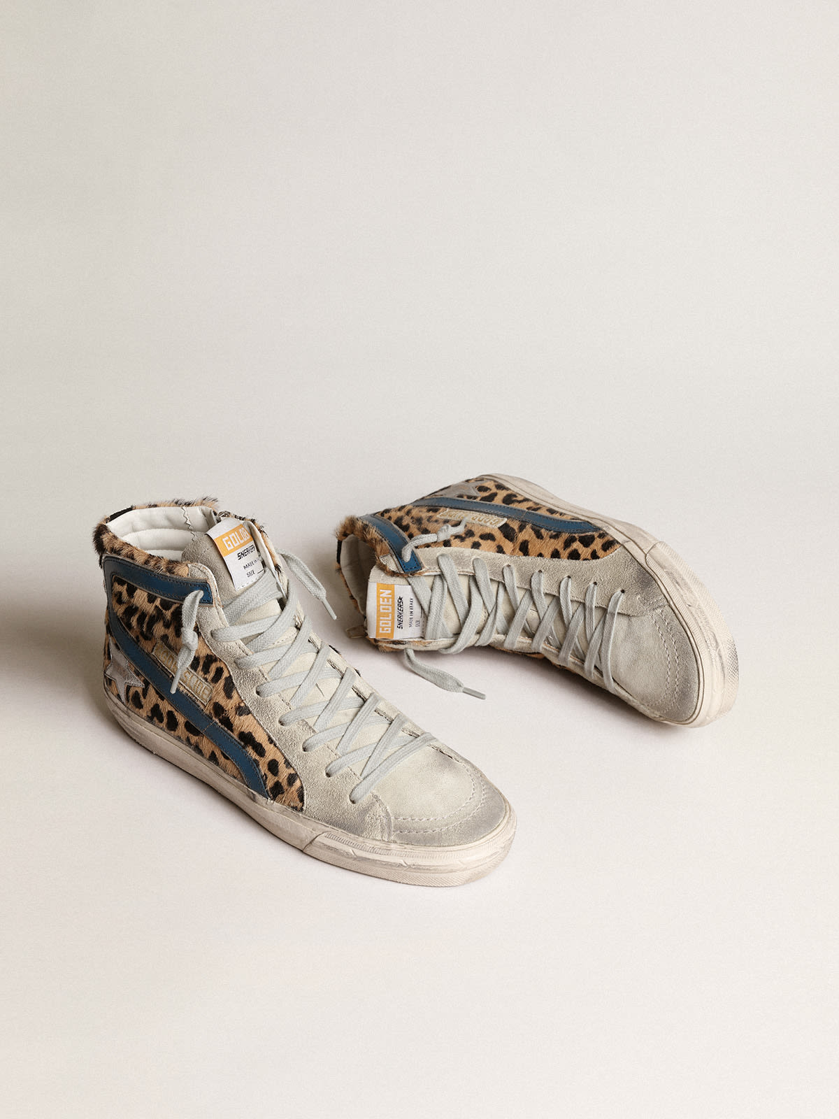 Golden Goose - Slide para mujer de piel de potro estampado de leopardo y estrella de piel plateada in 