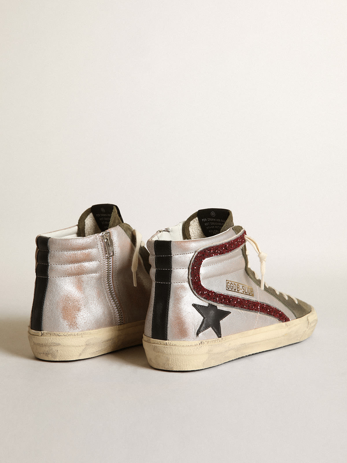 Golden Goose - Silver Slide with a black leather star and glitter flash in 