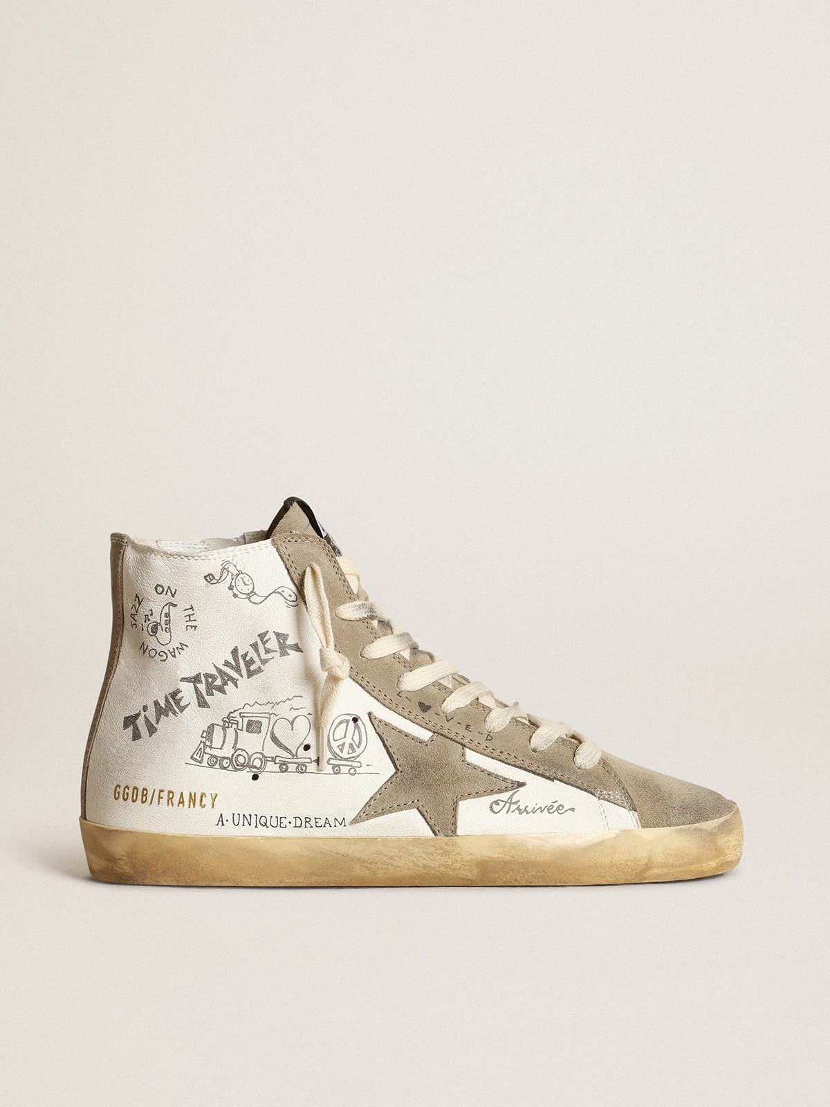 Golden Goose - Women's Francy with dove gray suede inserts and all-over lettering in 