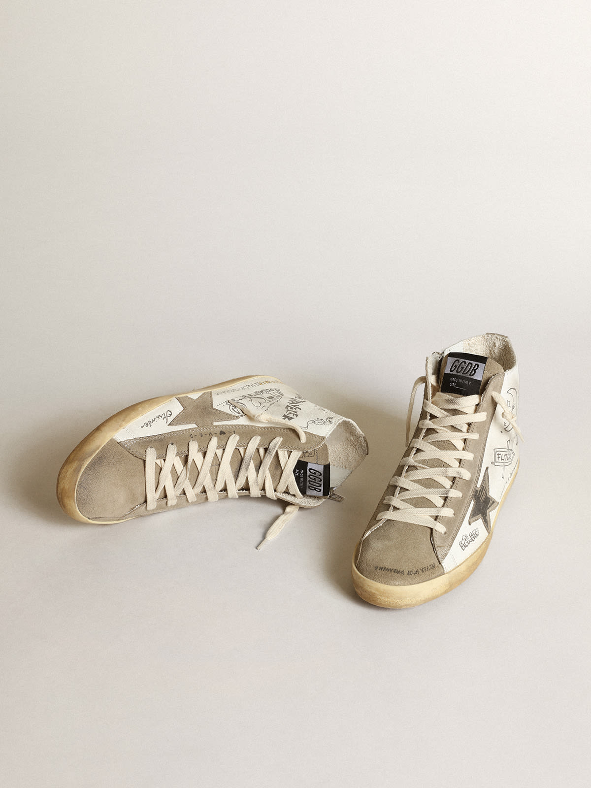 Golden Goose - Women's Francy with dove gray suede inserts and all-over lettering in 