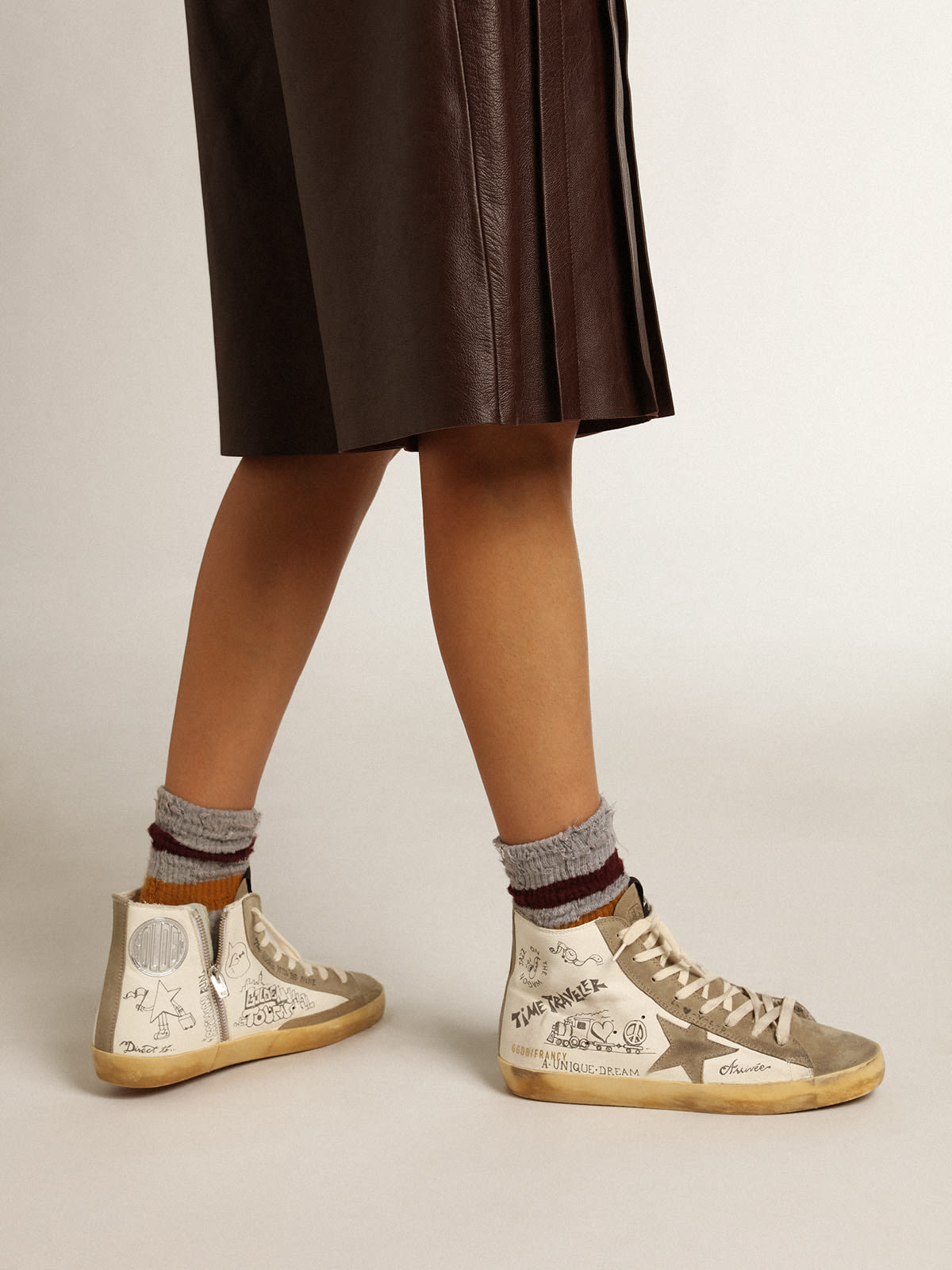 Golden Goose - Women's Francy with dove gray suede inserts and all-over lettering in 