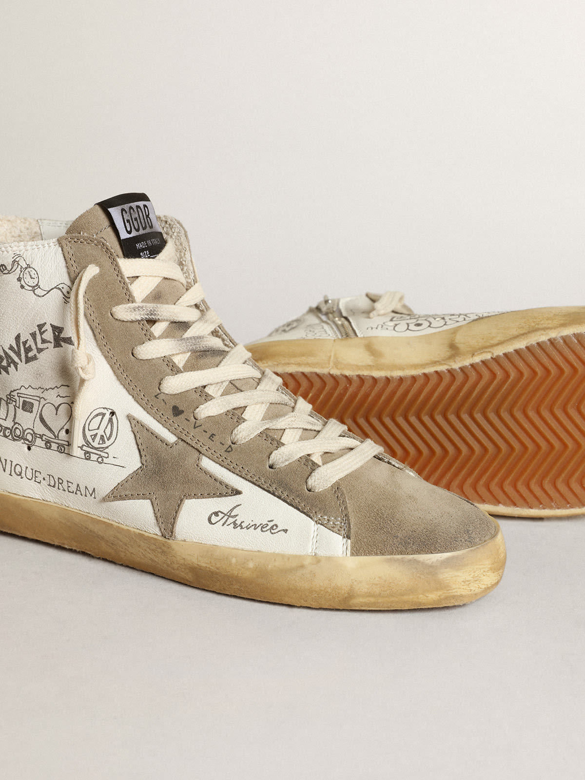 Golden Goose - Women's Francy with dove gray suede inserts and all-over lettering in 