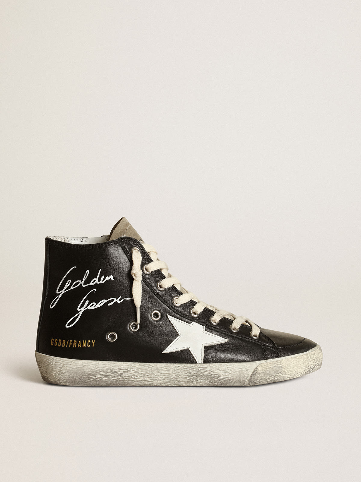 Golden Goose - Sneakers Francy en cuir nappa noir avec étoile en cuir blanc et languette en daim couleur tourterelle in 