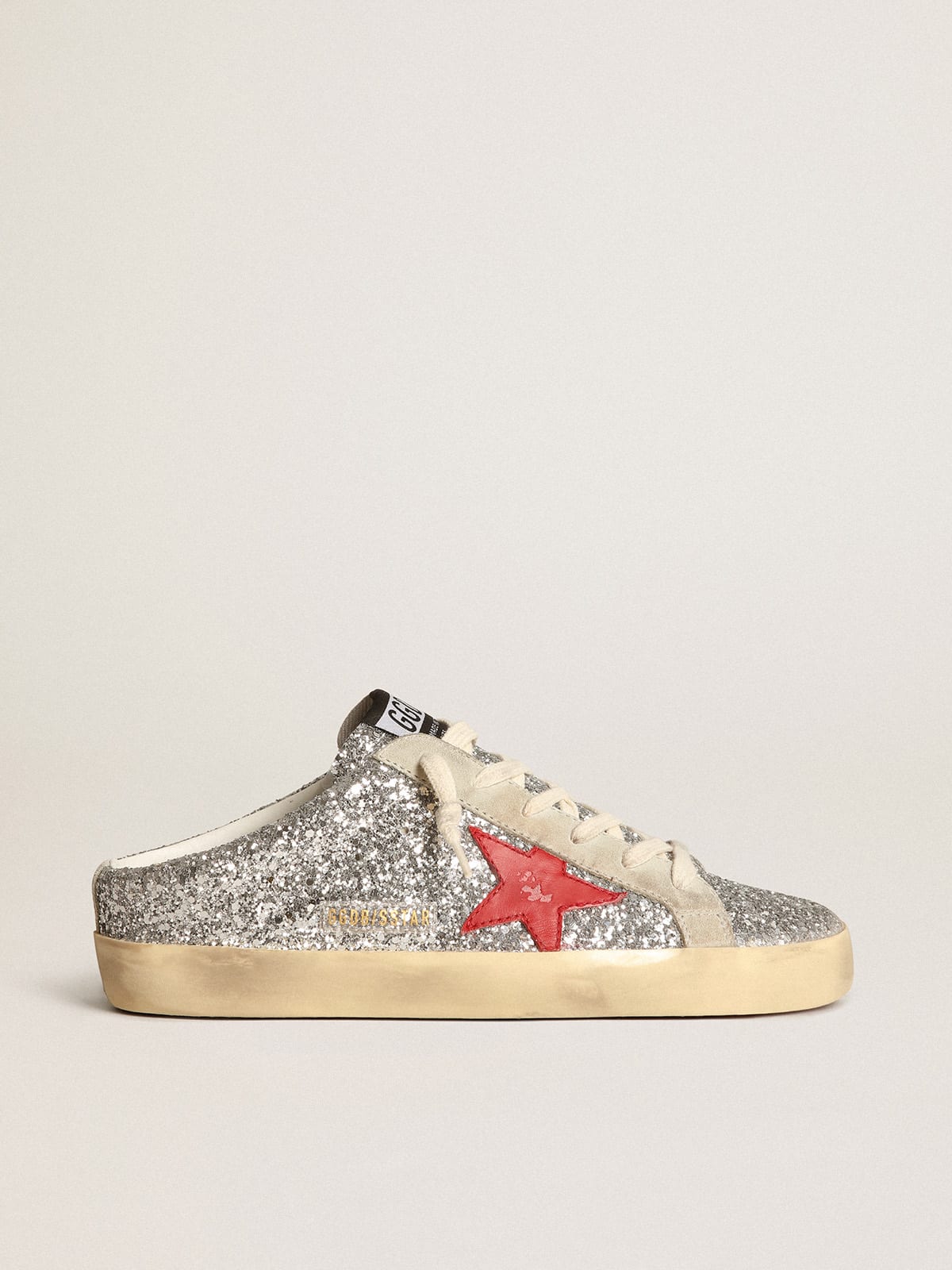 Golden Goose - Super-Star Sabots in silver glitter with red leather star in 