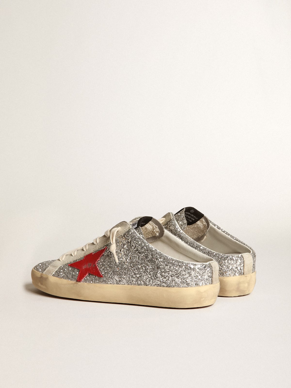 Golden Goose - Women's Super-Star Sabot in silver glitter with red leather star in 