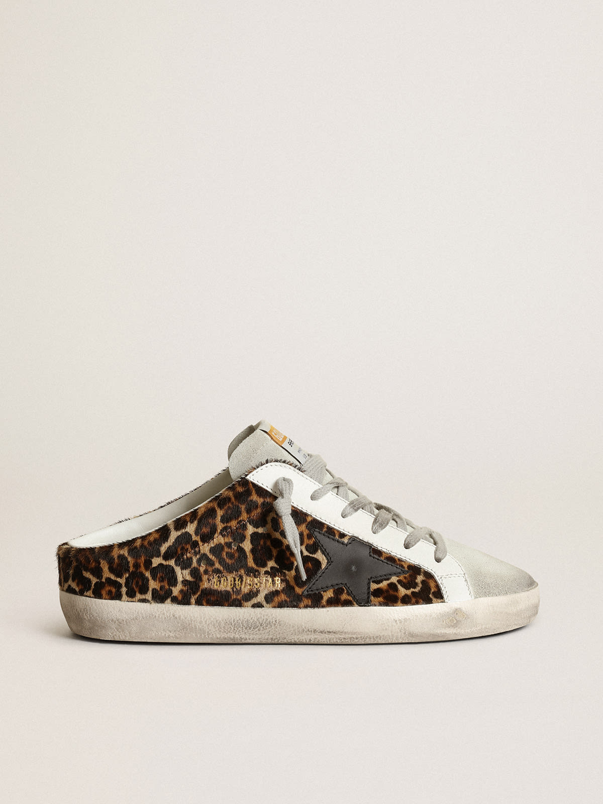 Golden Goose - Super-Star Sabots in leopard-print pony skin with black leather star and ice-gray suede tongue in 
