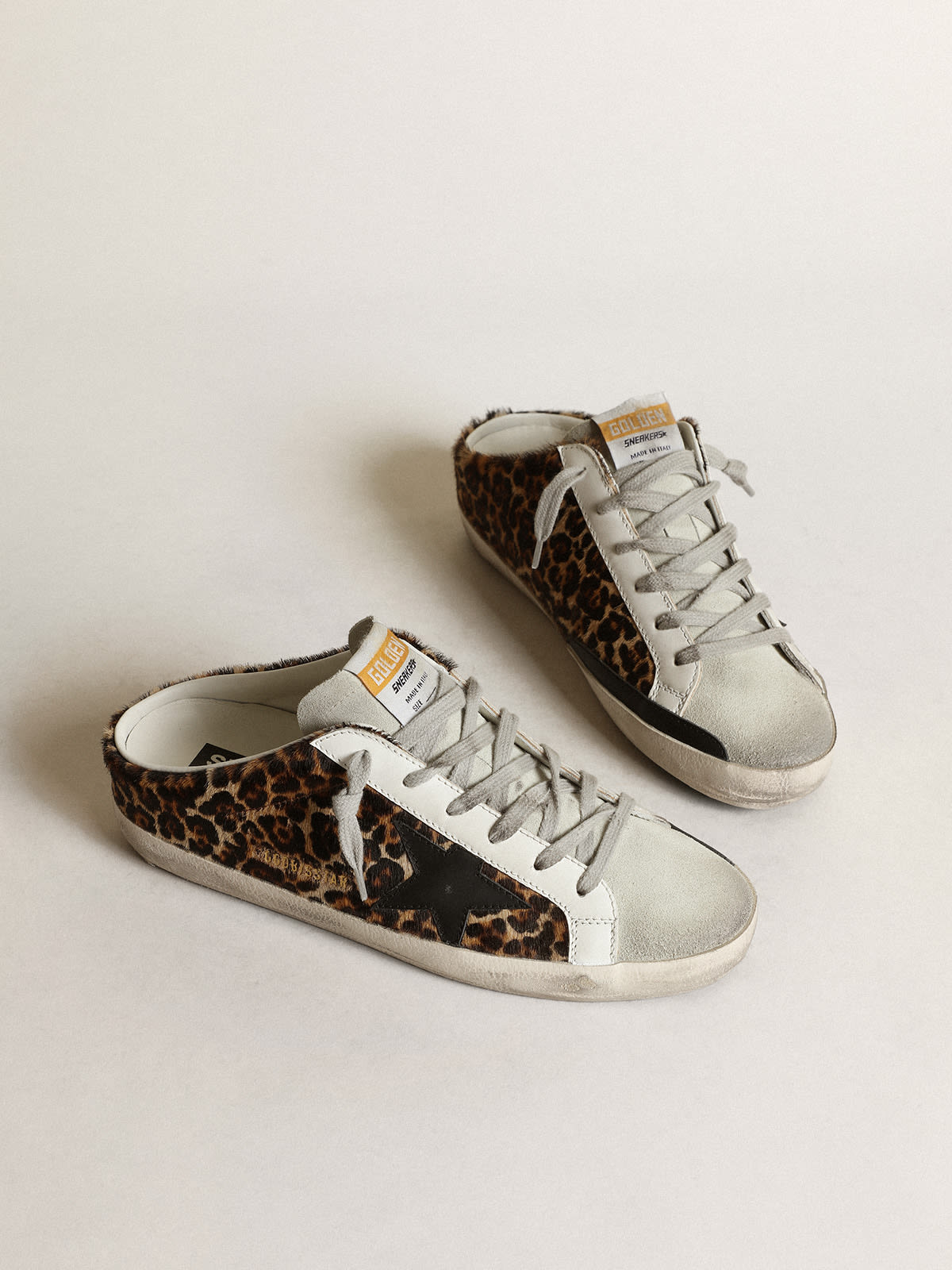 Golden Goose - Super-Star Sabots in leopard-print pony skin with black leather star and ice-gray suede tongue in 
