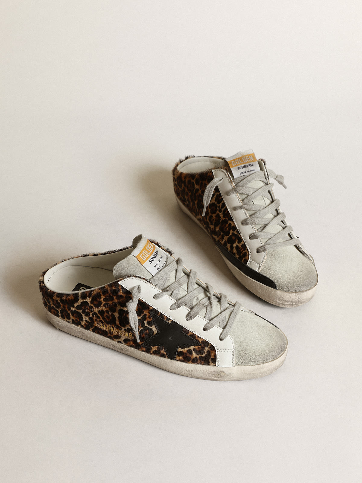 Women's Super-Star Sabot in leopard print pony skin with black