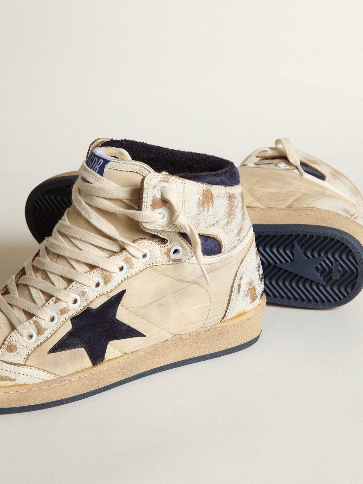 Golden Goose - Men’s Sky-Star sneakers in cream-colored nylon and white leather with dark blue suede star in 