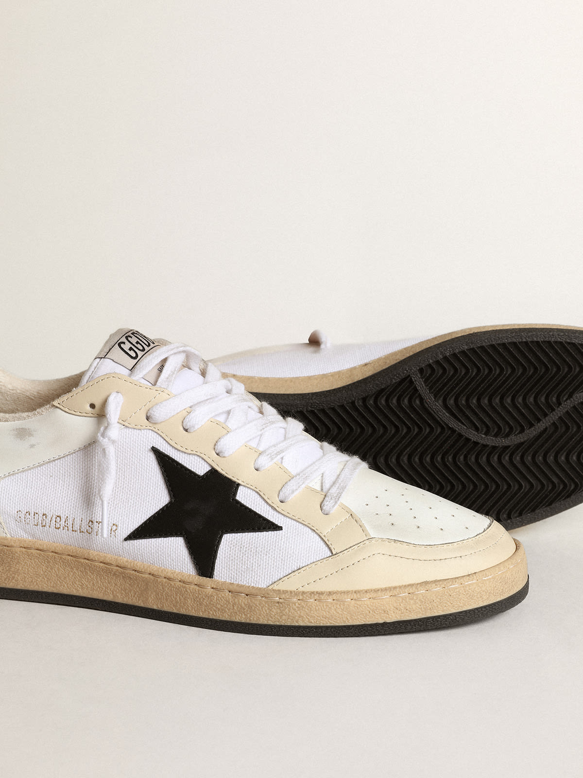 Golden Goose - Men’s Ball Star sneakers in white canvas and leather with ivory leather inserts and black nappa leather star in 