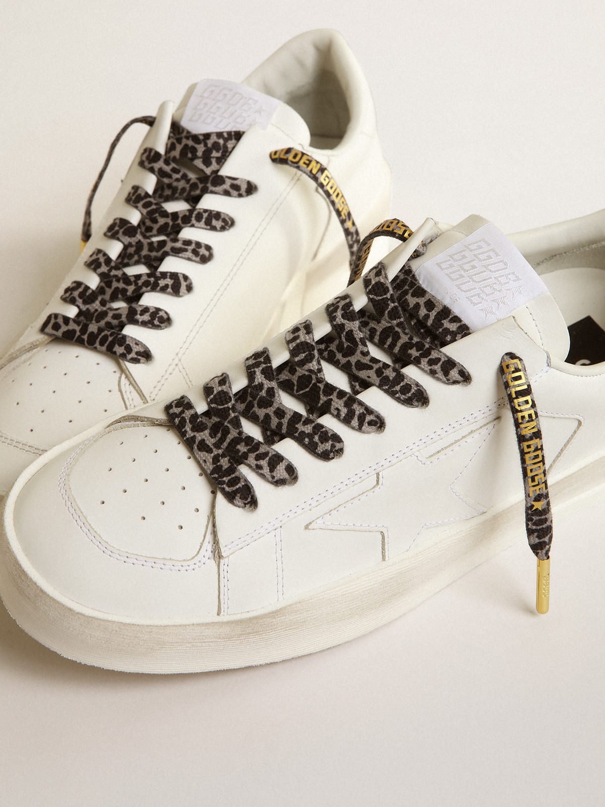 Golden Goose - Black and white animal-print laces with contrasting gold-colored logo in 