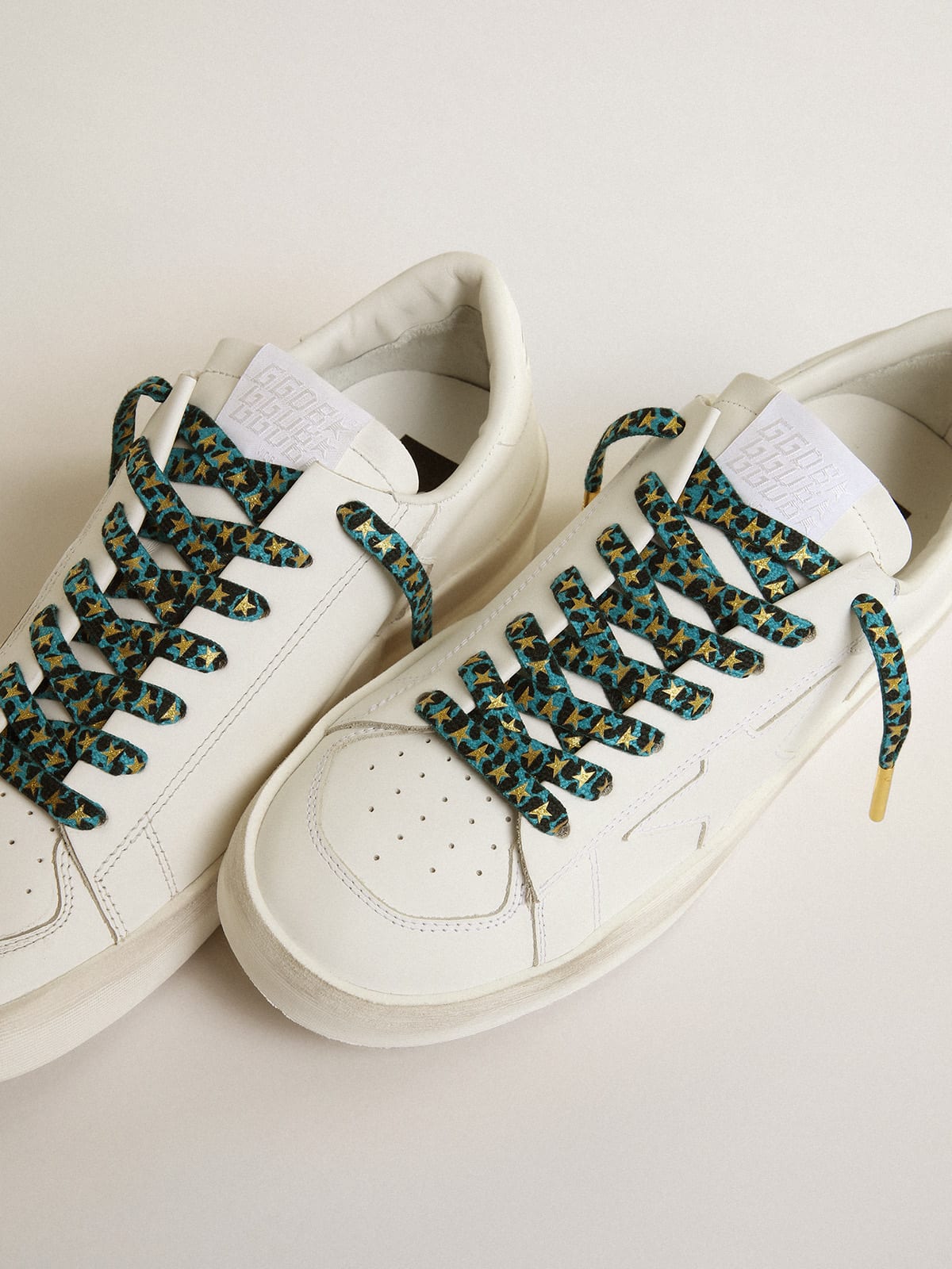 Golden Goose - Light blue and black animal-print laces with contrasting gold stars in 