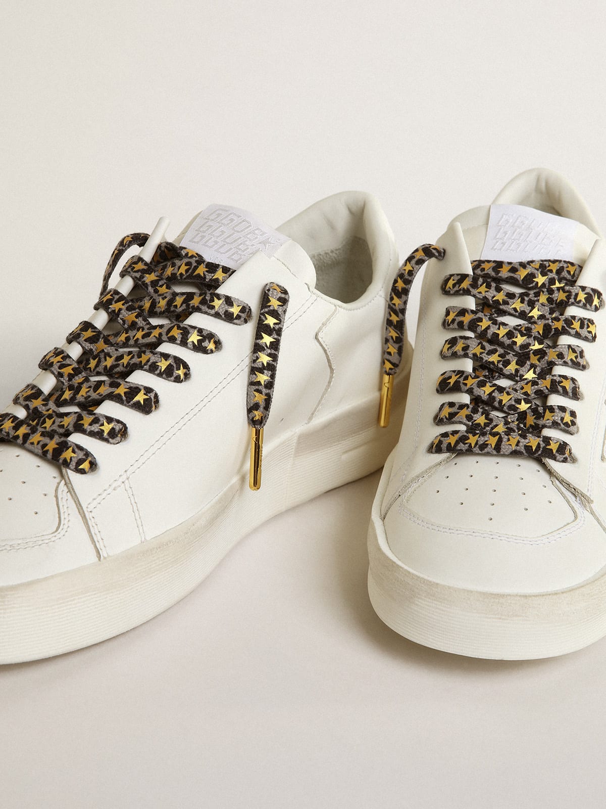 Golden Goose - Black and white animal-print laces with contrasting gold stars in 