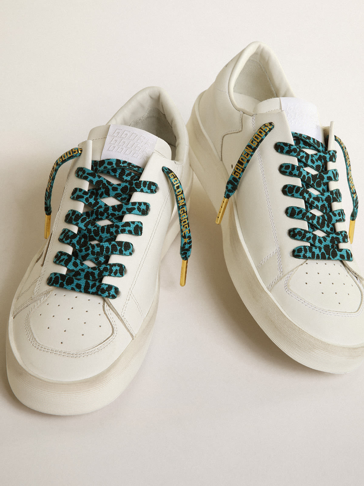 Golden Goose - Light blue and black animal-print laces with contrasting gold-colored logo in 