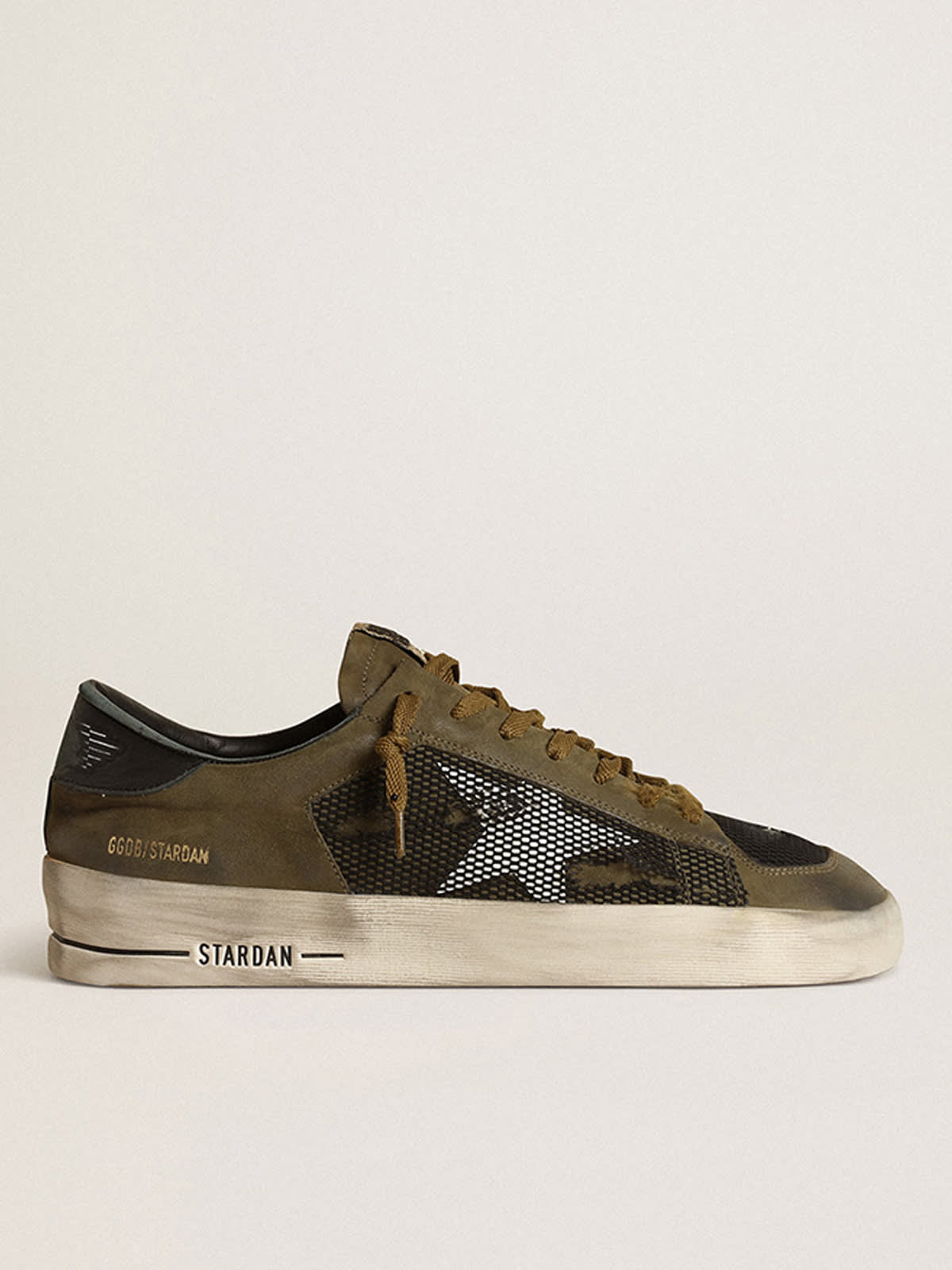 Golden Goose - Men's Stardan in military green nubuck and black mesh with white star in 