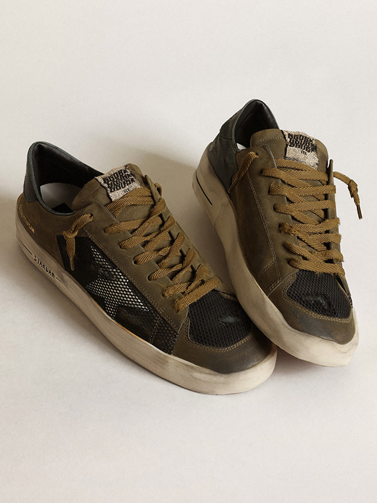 Golden Goose - Men's Stardan in military green nubuck and black mesh with white star in 