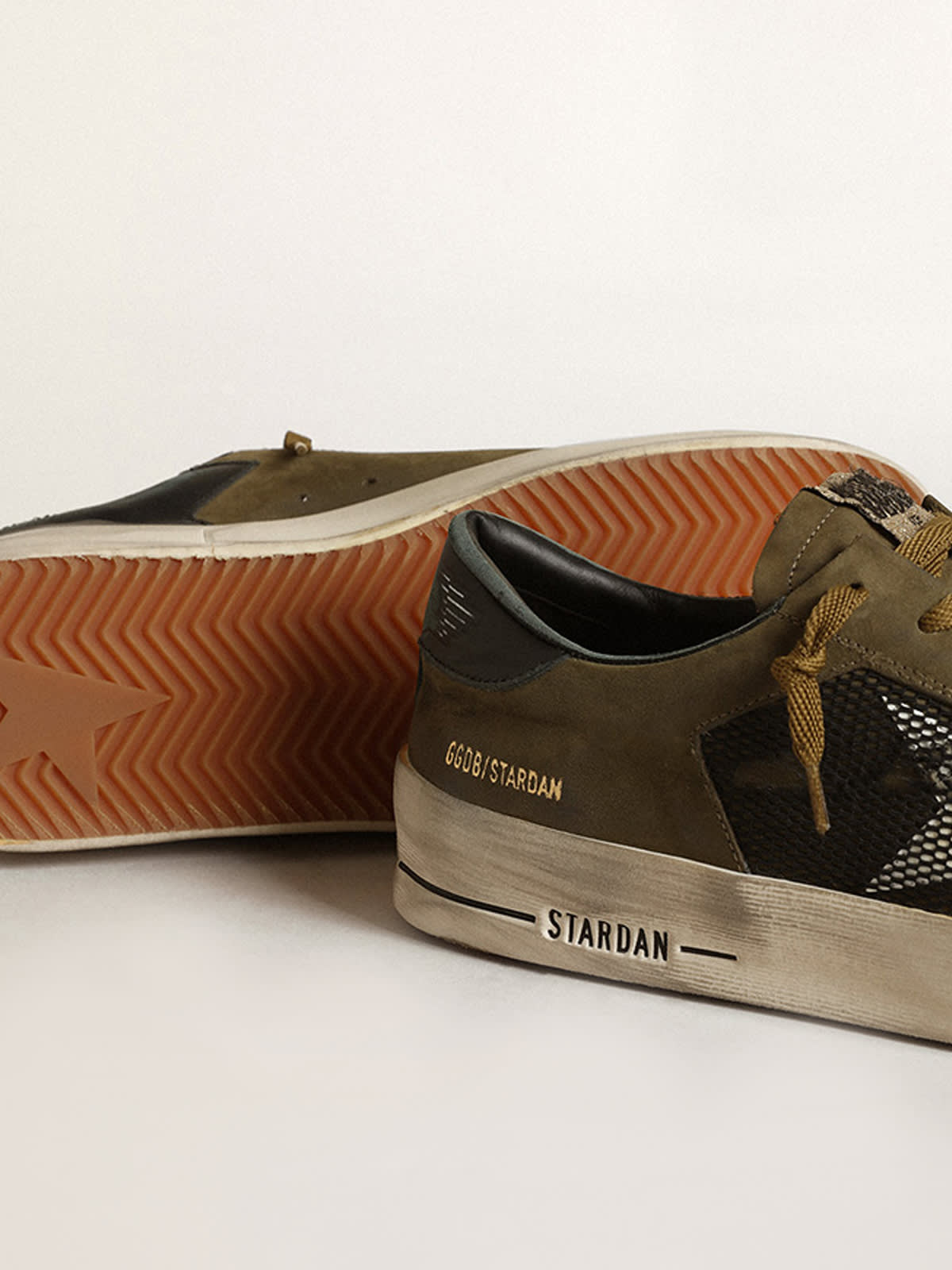 Golden Goose - Men's Stardan in military green nubuck and black mesh with white star in 